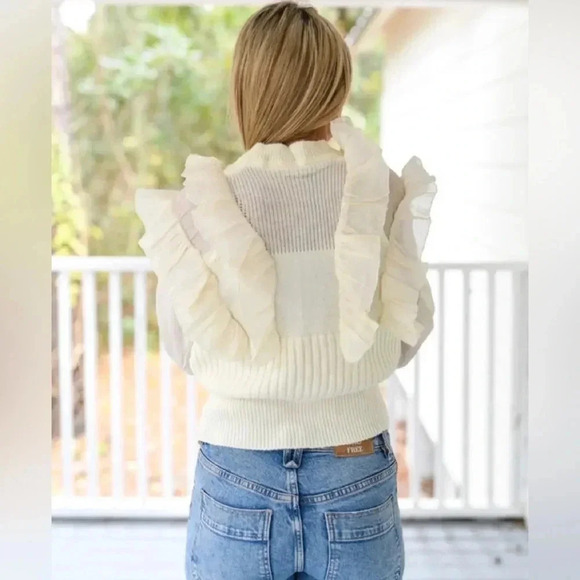 Cocobleu Mint Green Ruffle Sheer Wings Cardigan Sweater - Size M - Picture 2 of 8